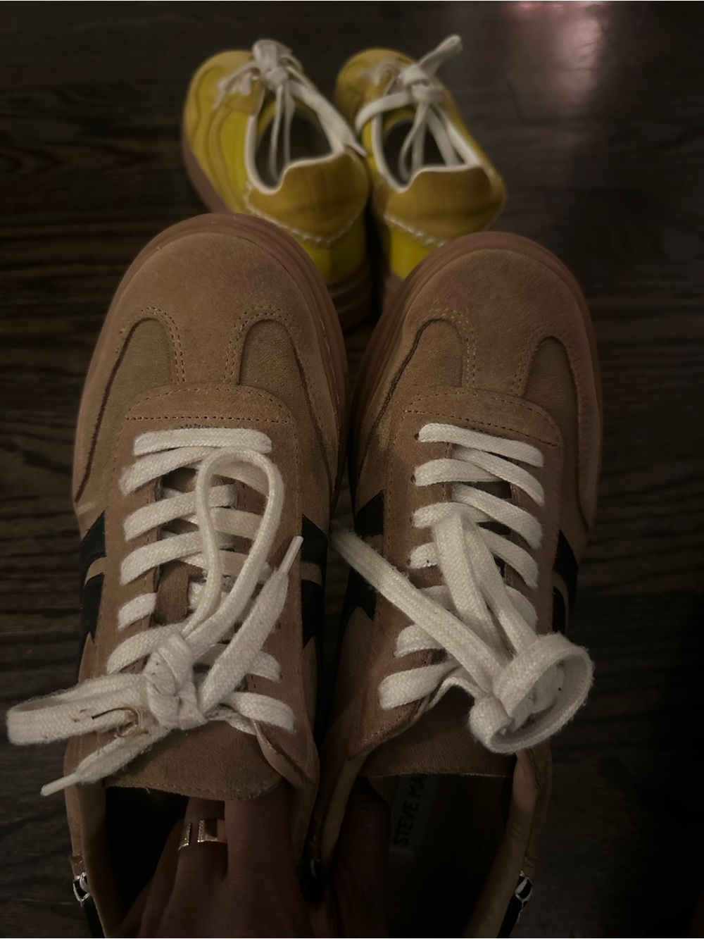 Steve Madden Women's Tan Suede Sneakers with Black Accent - Picture 2 of 3